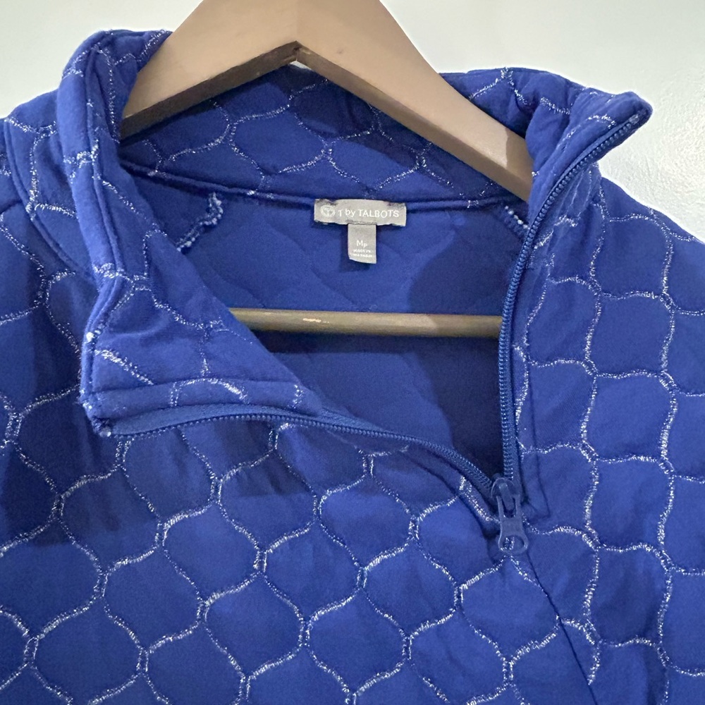 Talbots Metallic Asymmetrical Zip Quilted Pullover Blue Silver Size MP Petite - Picture 7 of 16